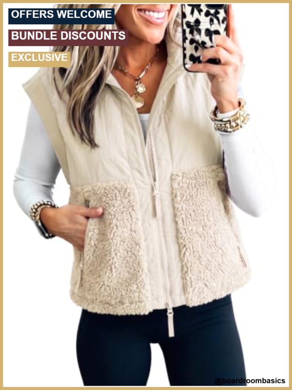 Sherpa Fleece Puffer Vest Patchwork Zip Up Sleeveless Jacket